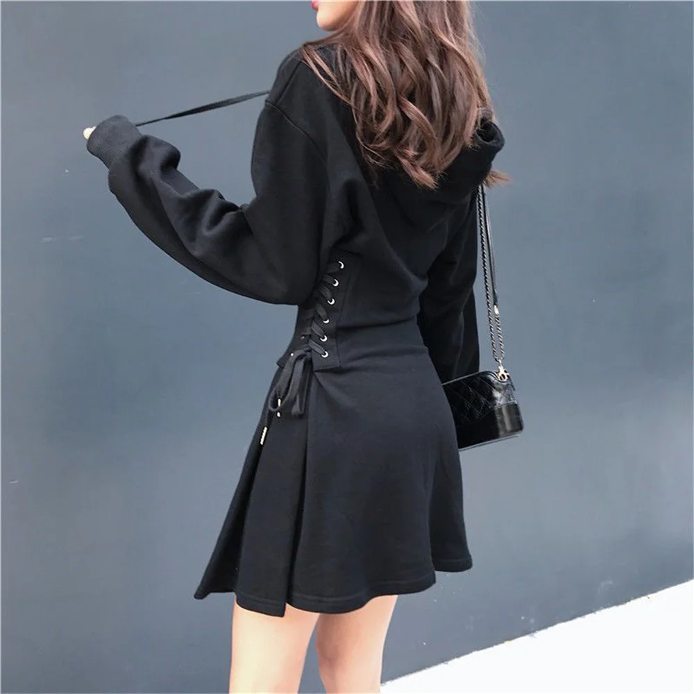 Streetwear Mini Dress Spring Autumn Korean High Waist Lace Up Slim Vestidos Women Harajuku Hooded Bandage A Line Dresses