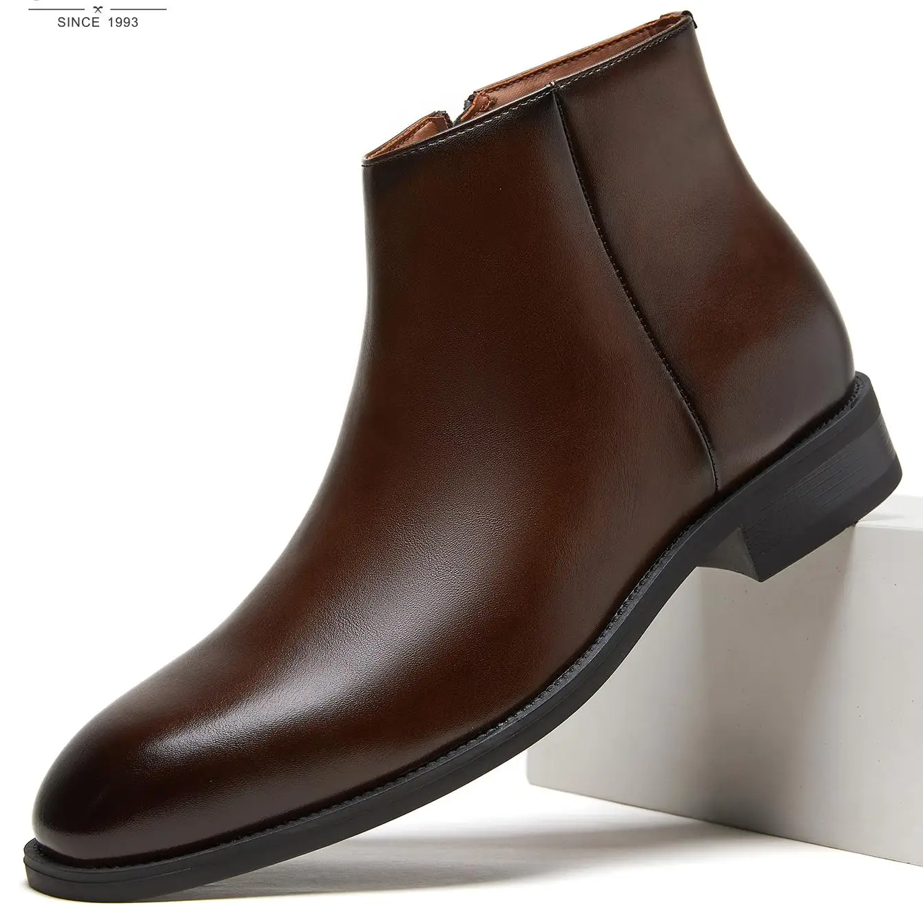 

Men Leather Chelsea Ankle Boots Side Zipper Non Slip Formal Boot For Business Office Wedding And Daily Casual Occasions