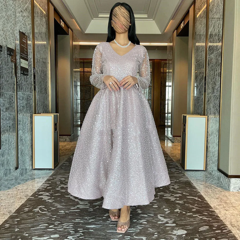 

V Neck Long Sleeve A-line Sparkly Stylish Illusion Prom Gown Ankle-Length Evening Dresses for Women فساتين السهرة 2023 جديده