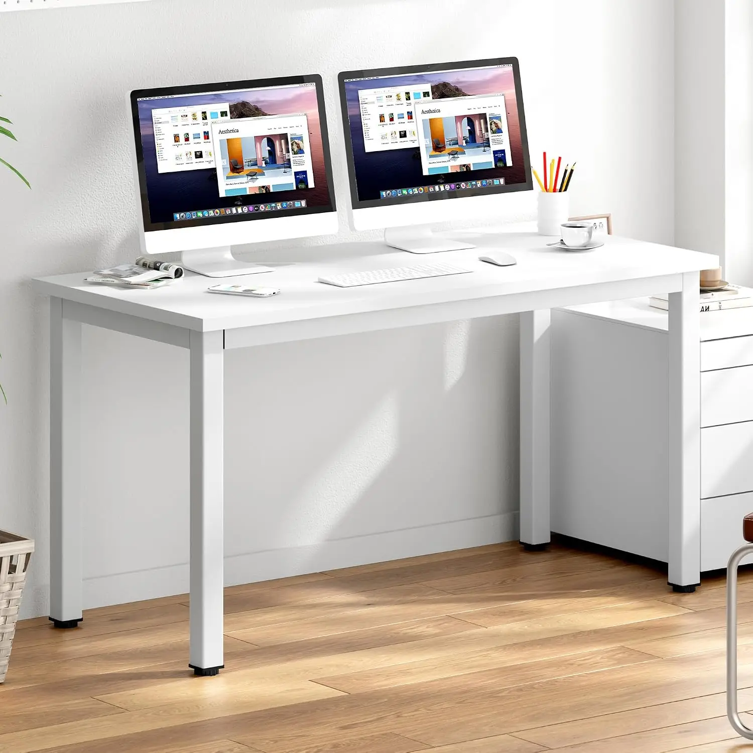 DlandHome 54.3 inch Large Computer Desk for Bedroom, White | Decent Steady Home Office Desk, Writing Study Craft Work Table, Sturdy Metal Frame, Adjustable Feet, Modern Simple Design