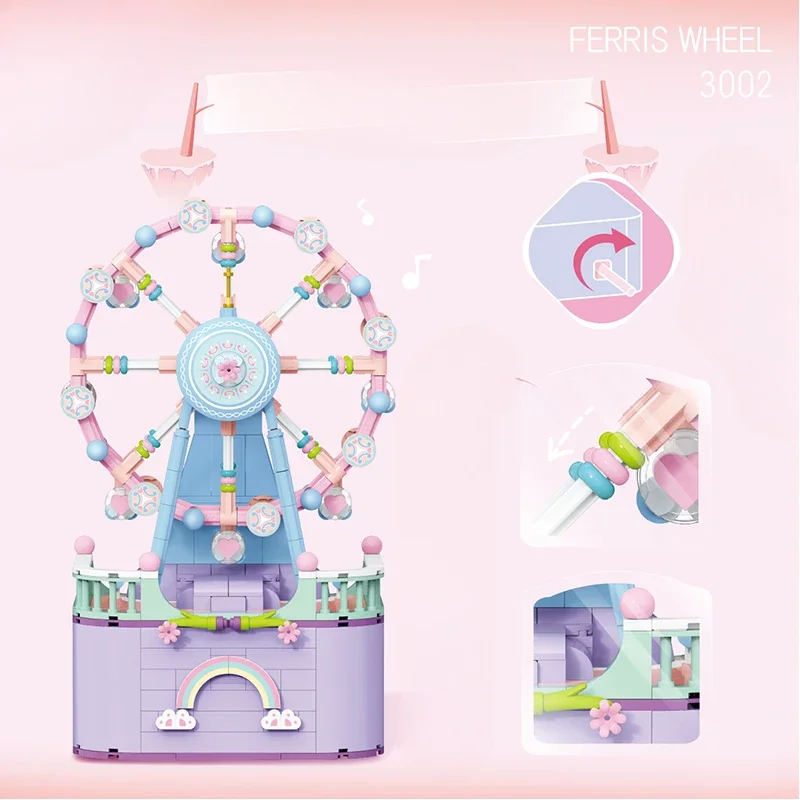 

2024 New Small Particle Merry-go-round Assembled Building Blocks Toys Educational Children Series Music Box Girls Gifts