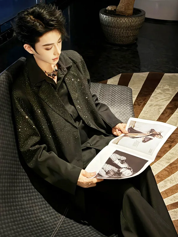 

Fall Faion Men's Loose Fit Tuxedo Jaet Diamond Embellied Casual Luxury Korean Sle Long Sve Suit Coat for Adults