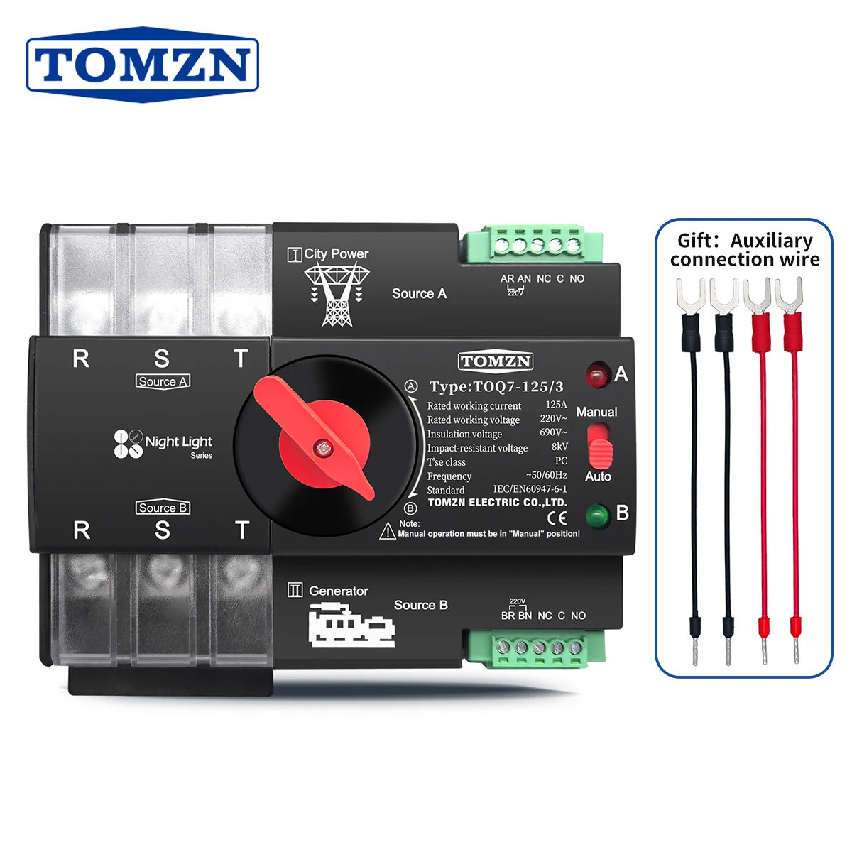 TOMZN Szyna DIN 3-fazowy ATS 3P 63A 100A 125A 220V 230V Automatyczny Przełącznik Zasilania Dwuzasilowy Przełącznik Elektryczny Bezprzerwowy