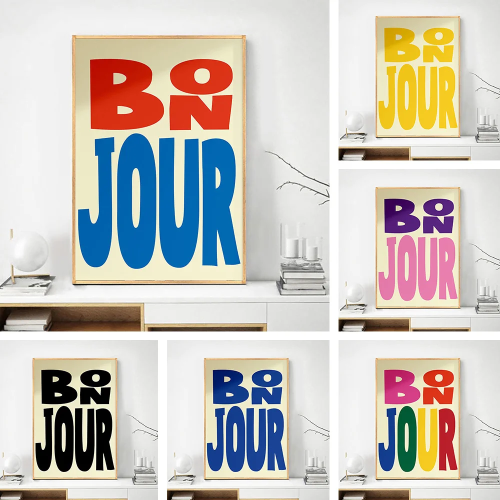 

Colorful Poster BONJOUR French Greeting Pictures Vintage Canvas Painting Wall Art Prints Cafe Supermarket Living Room Home Decor