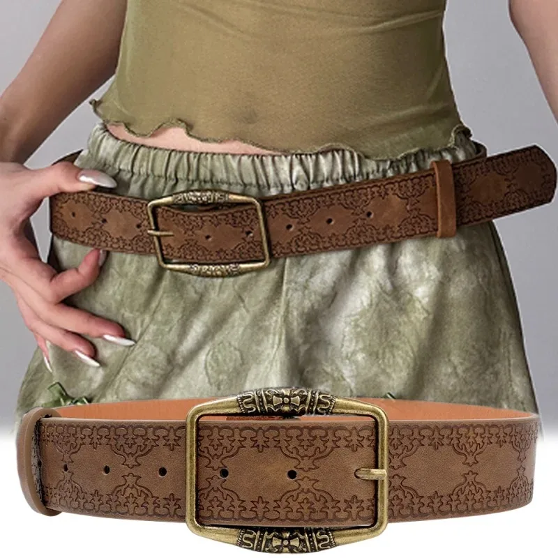 Retro Pattern Print Belts Women Brown Cowboy Leather Buckle Pin Waist Belt Y2K Vintage All-Match Waistband Accessories