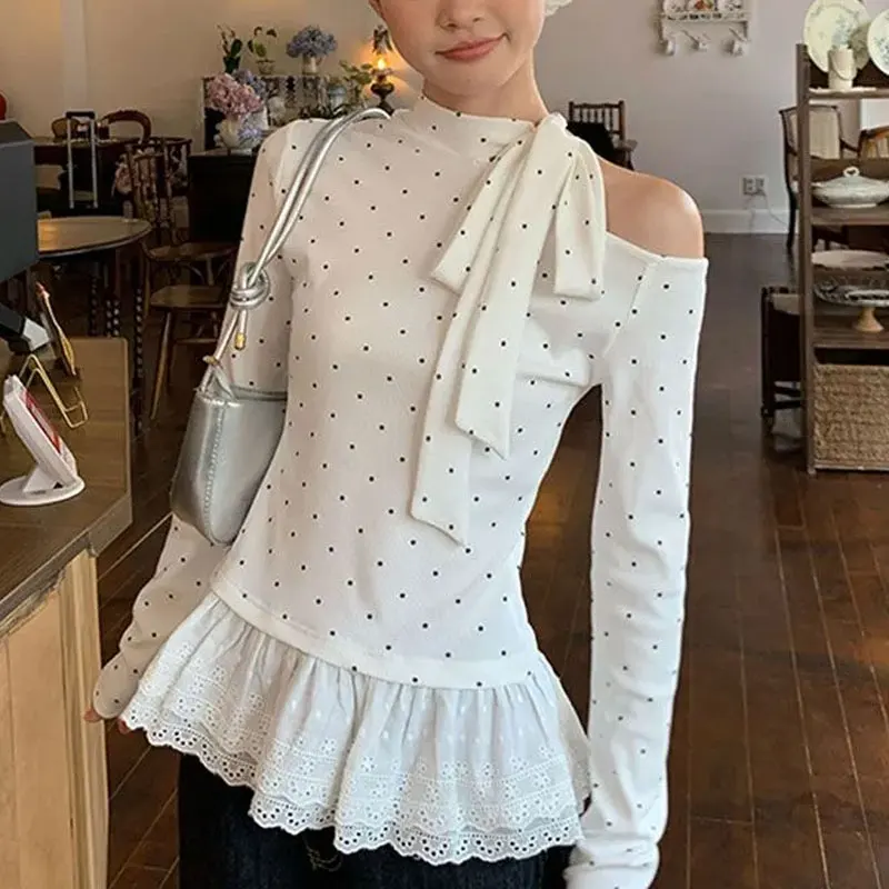 

Fashionable Drawstring Bow Pullovers Female Clothing Polka Dot Printed Autumn Skew Collar Hotsweet Lace Patchwork Slim T-shirts