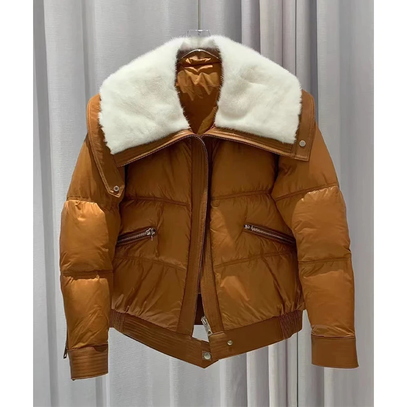 2023 New Autumn Winter Women Coat Real Mink Fur Collar Warm Jacket 90% White Goose Leather Down Thick Female Coats Streetwear