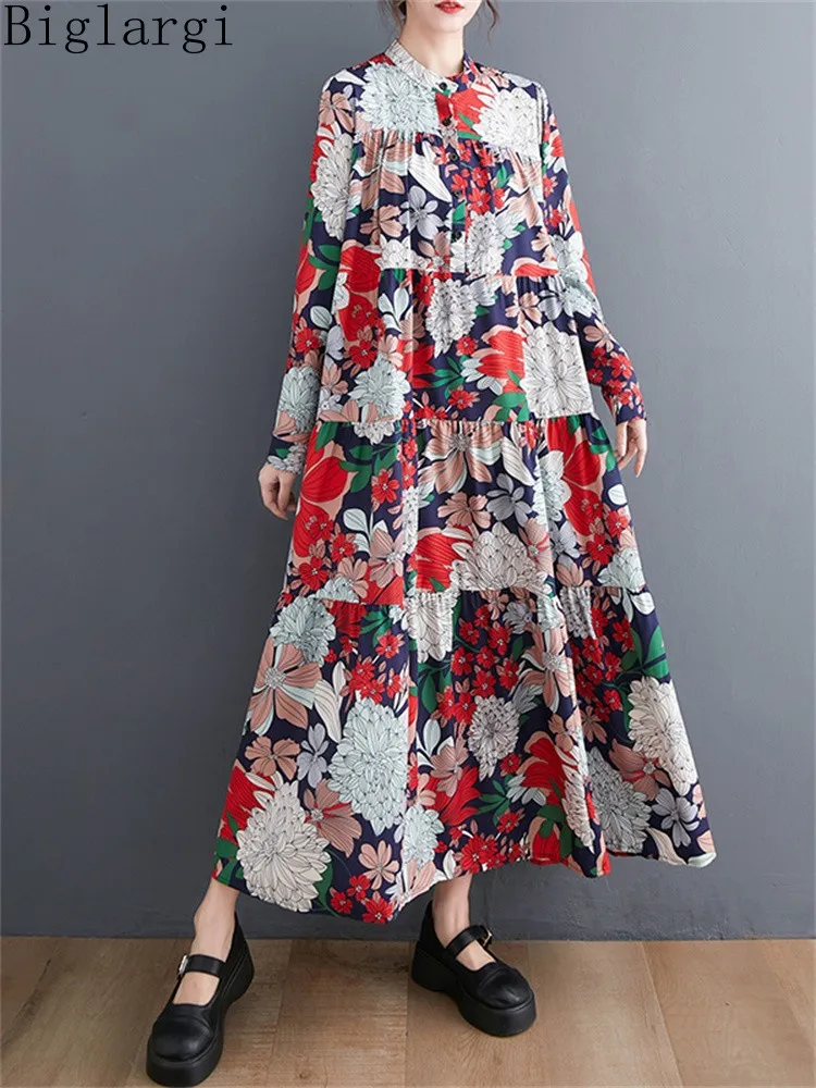 Oversized Spring Summer New Chic Women Flower Dress Korea Ladies Womens Casual Loose Pullover Dresses Vintage Floral Long Dress