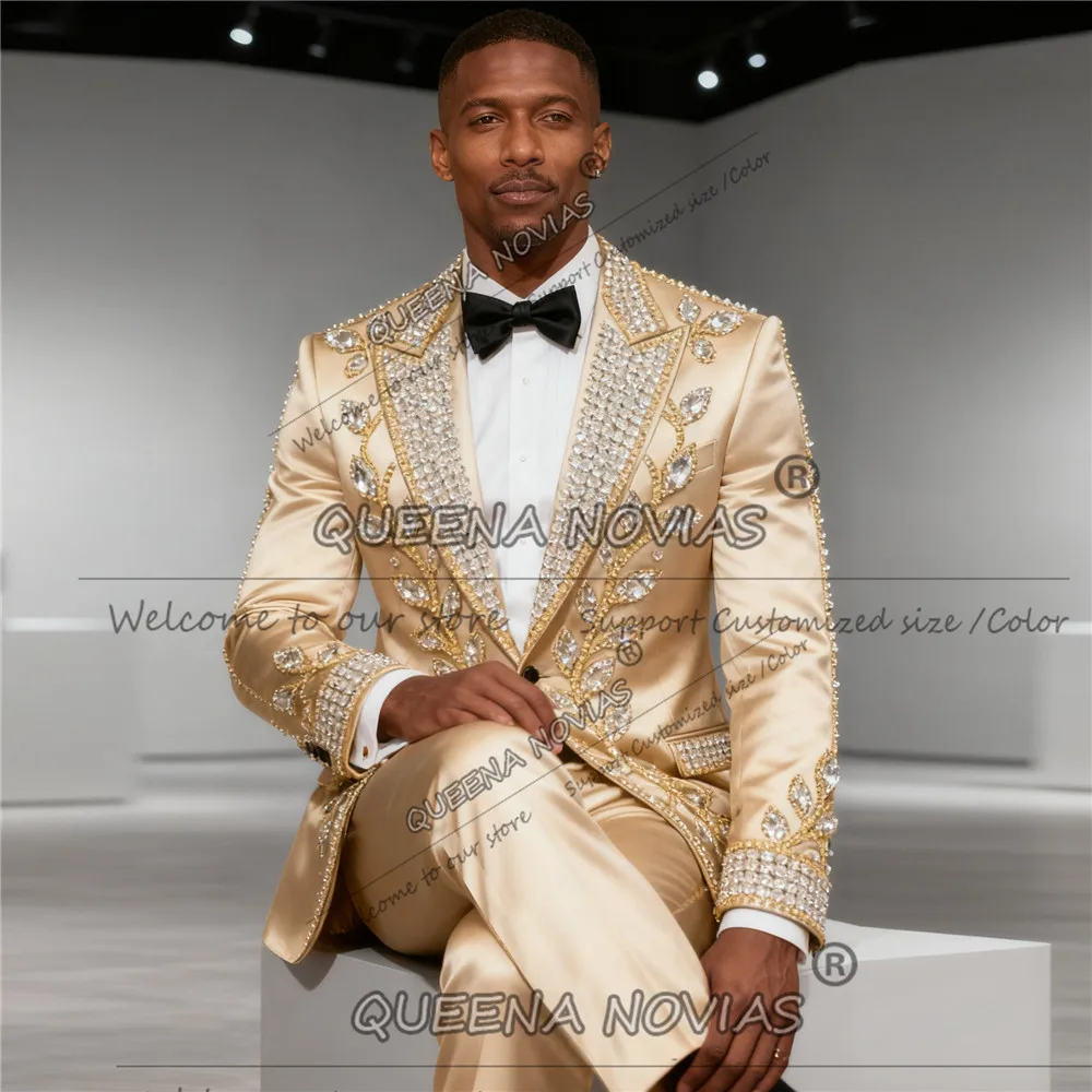 Luxury Beaded Stones Tuxedos Men Suits For Wedding Prom Blazers Customized 2 Pieces Sets Male trajes elegante para hombres 2026