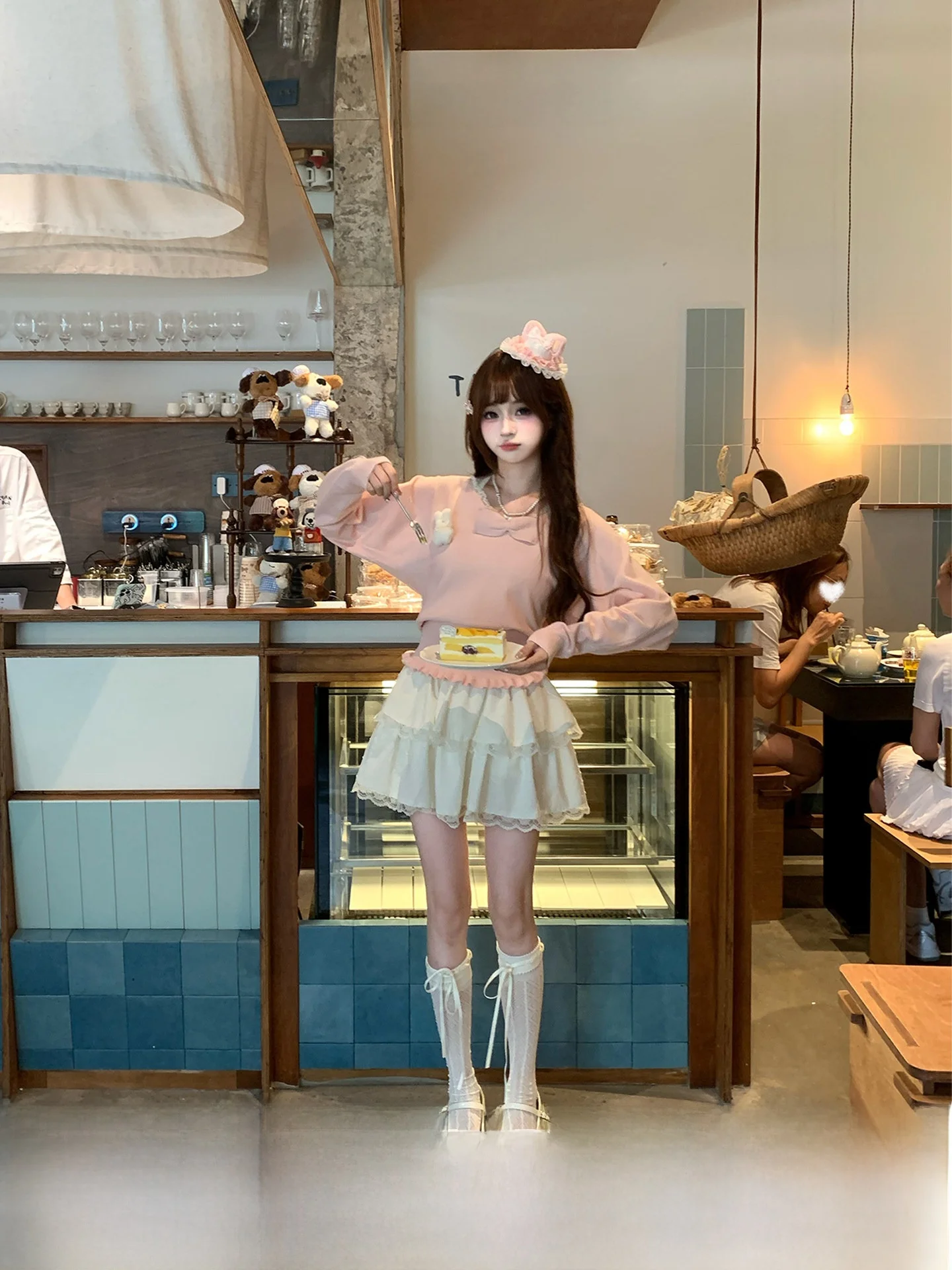 Sweet Style Knitted Rabbit Furry Women's Top Neck Hanging Waist Cinching Date Outfit Soft Fabric Long Sleeve  Color