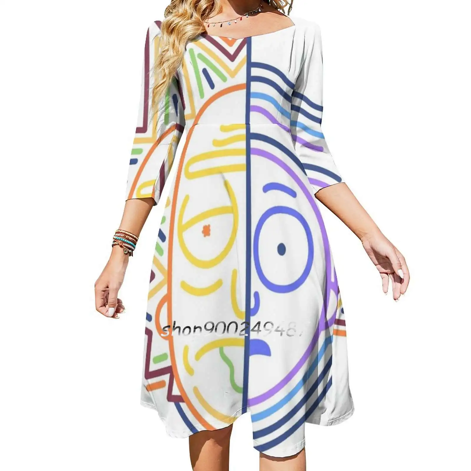 Abstract Rick Sweet Elegant Dress Women Korean Kawaii Square Collar Dress Rick Sanchez