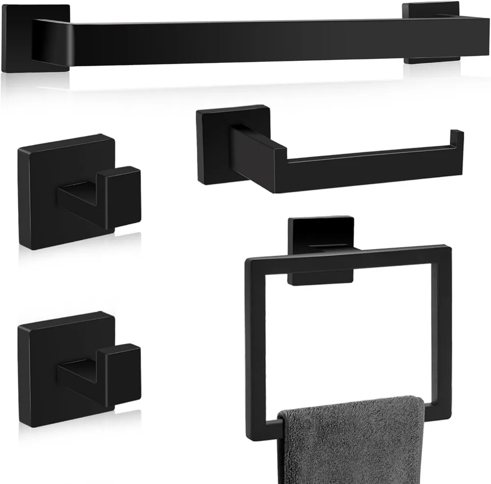 

Matte Black Bathroom Hardware Set of 5 Pieces, 23.6 Inch Towel Bar, 304 Stainless Steel Wall Mounted Racks