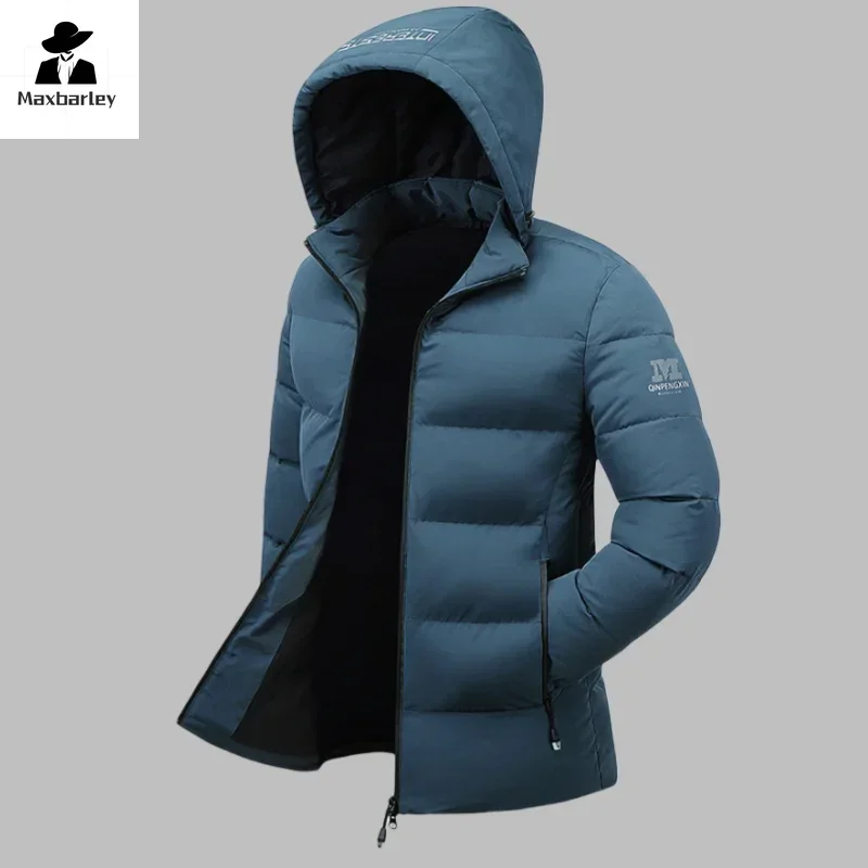 Inverno jaqueta de comprimento médio masculino casual bolso com zíper à prova de vento quente parka masculino na moda esqui grosso casaco com capuz marca puffer jaqueta