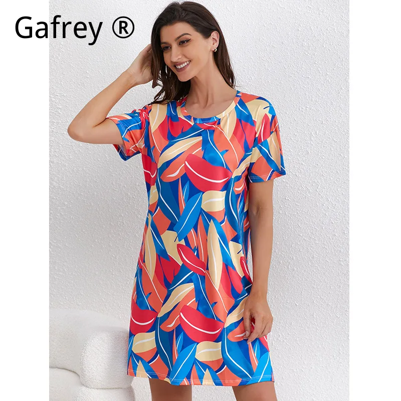 Plus Size Women's Summer Poly Cotton Sleep Dress, Short Sleeve Floral Print Nightgown, Casual Thin Loungewear Pajamas For Women