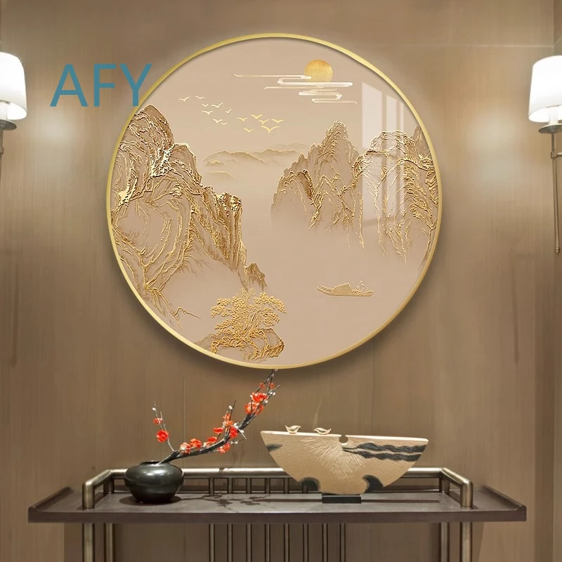 New Chinese Entrance Decorative Painting Circular Landscape Wall Art for Living Room Dining Room Office Home Background Wall