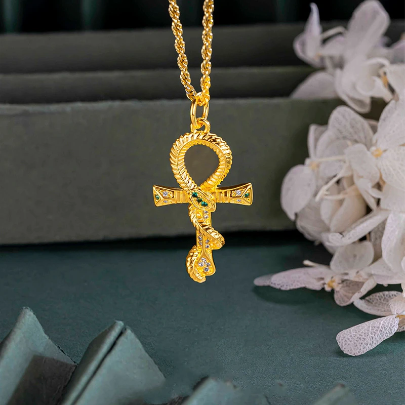 24K real gold Ancient Egyptian Snake Pendant Diamond-encrusted Snake 9999 Gold Cross style all-match high-grade pendant