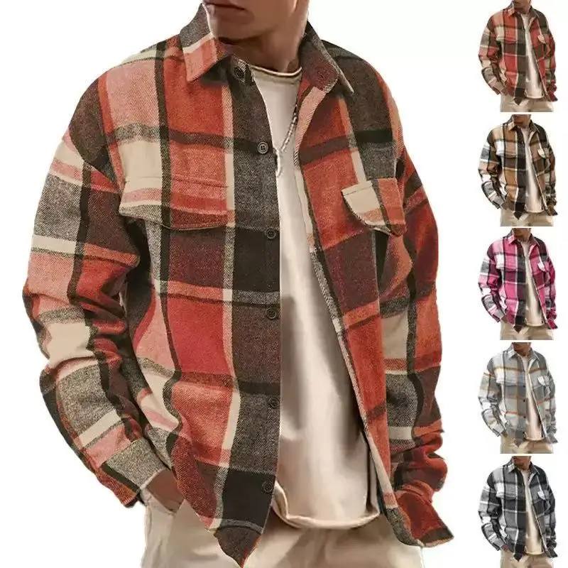 Men's Autumn Winter Plaid Shirt Jacket American Style Loose Fit Turn Down Collar Checkered Flannel Shacket Outerwear
