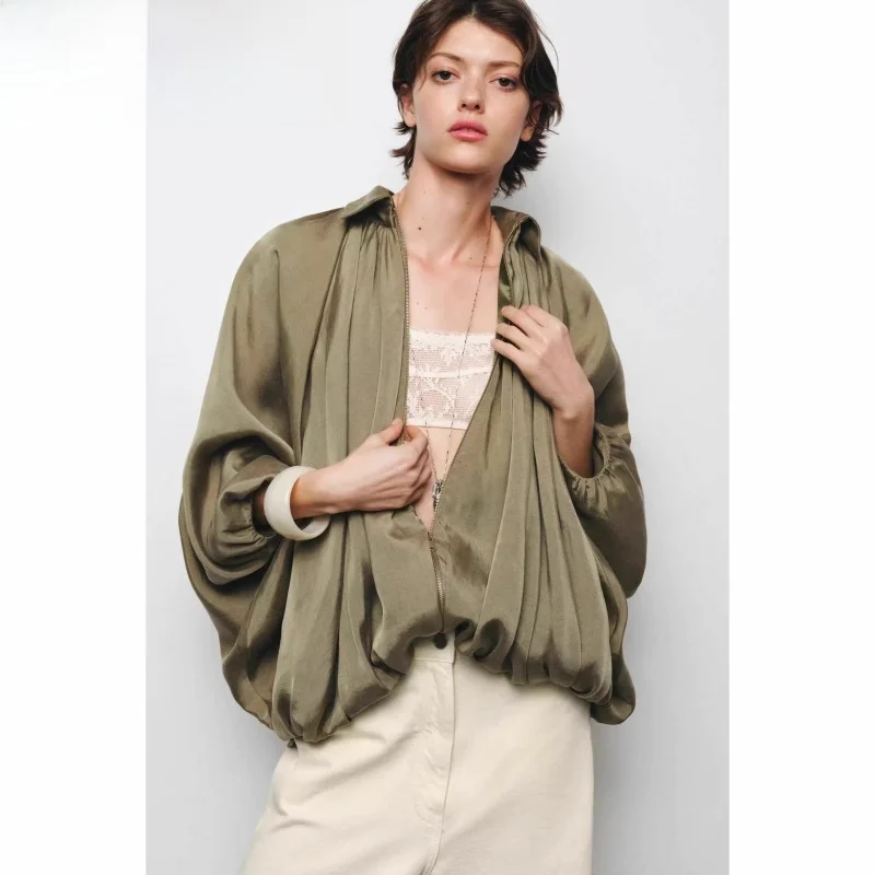 

Fall New Women's Pilot Jaet Long Sve Collar Puffy Hem Outerwear Ele Commuter Sle Loose Fit Zipper Closure
