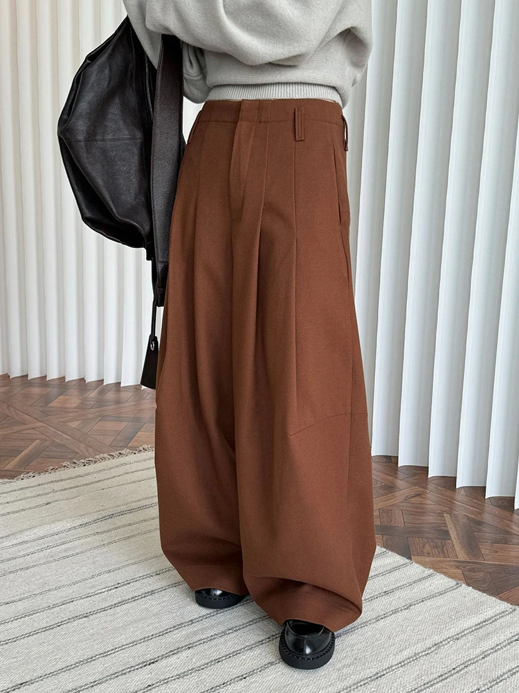 [LANMREM] 2025 Winter New Thick Warm Pants For Women High Waist Pleated Wide Leg Trousers Office Lady Clothes Minimalism 26C967