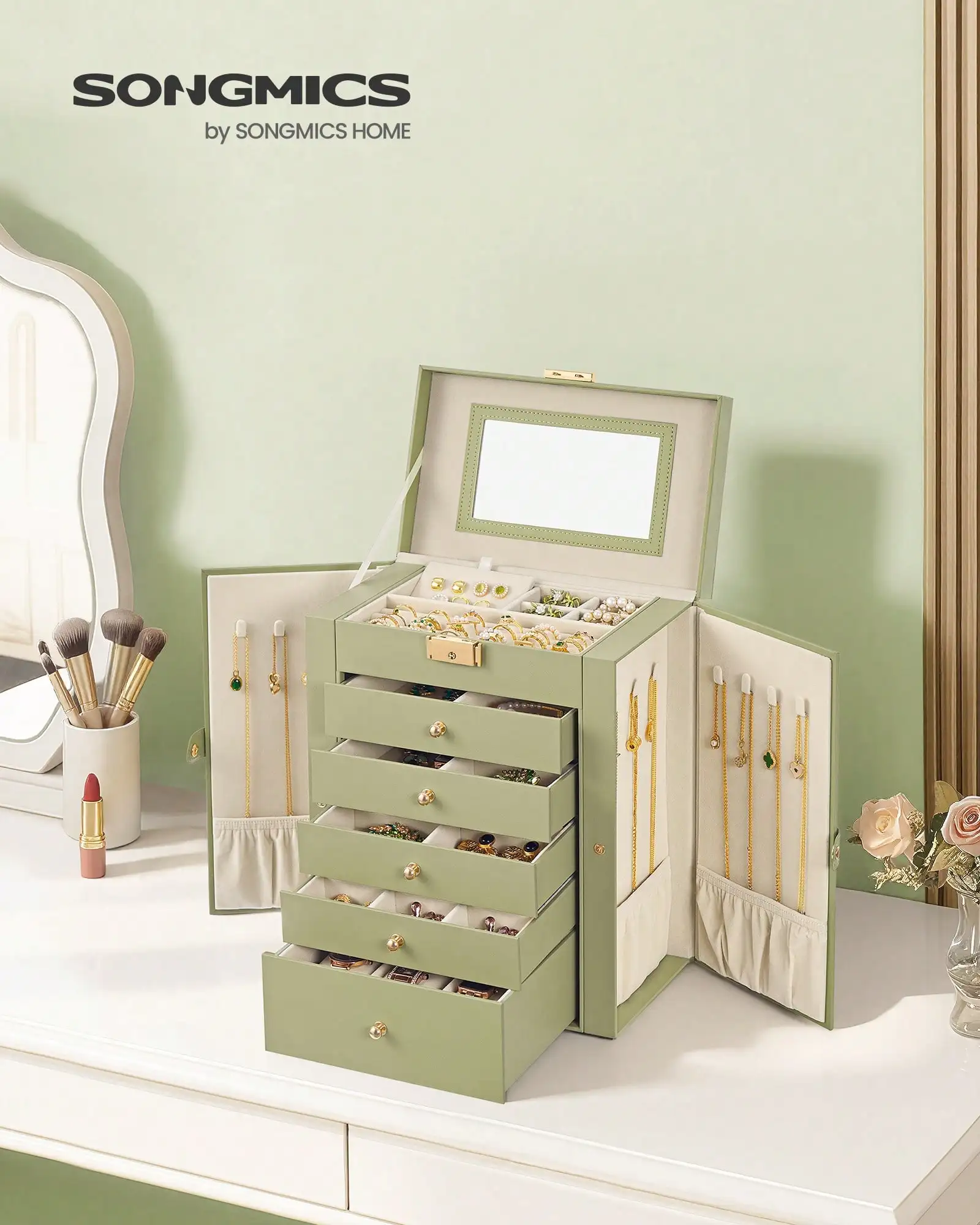 

6 Tier Jewelry Box, Jewelry Case With 5 Drawers, Large Storage Capacity, With Mirror, Lockable, Jewelry Storage Organiz