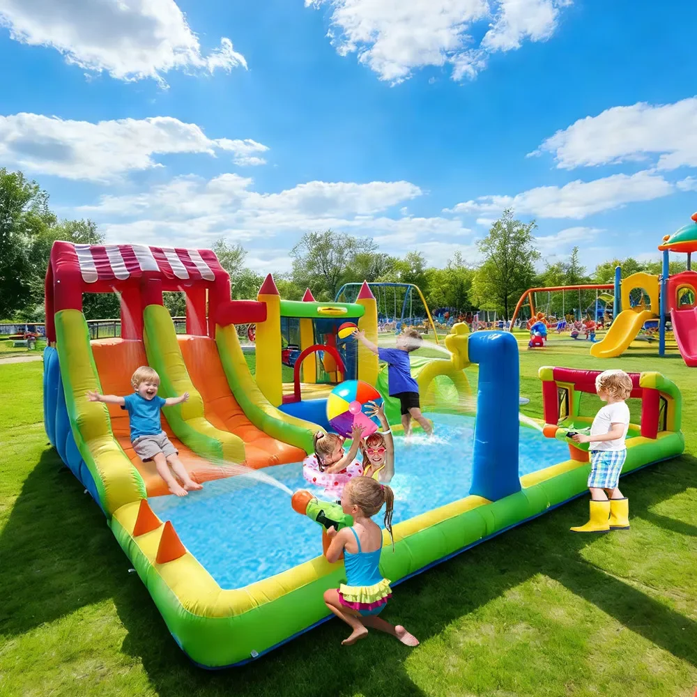 Inflatable Water Slide Bounce House with Pool Kid Water Park Play Center with Water Guns for Backyard Summer Party Birthday Gift