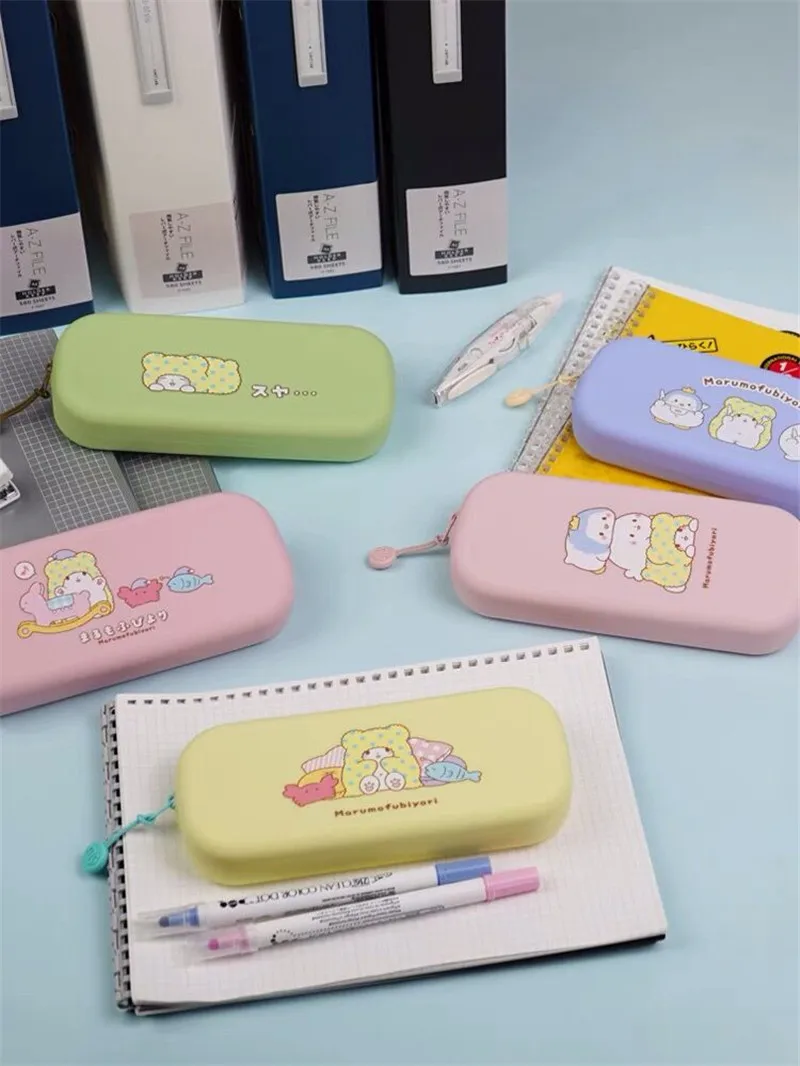 Cute Marumofubiyori Pencil Case Pouch Silica Gel Anime Bear Kawaii School Pencil Cases for Girls Kids Pen Bag Storage Organizer