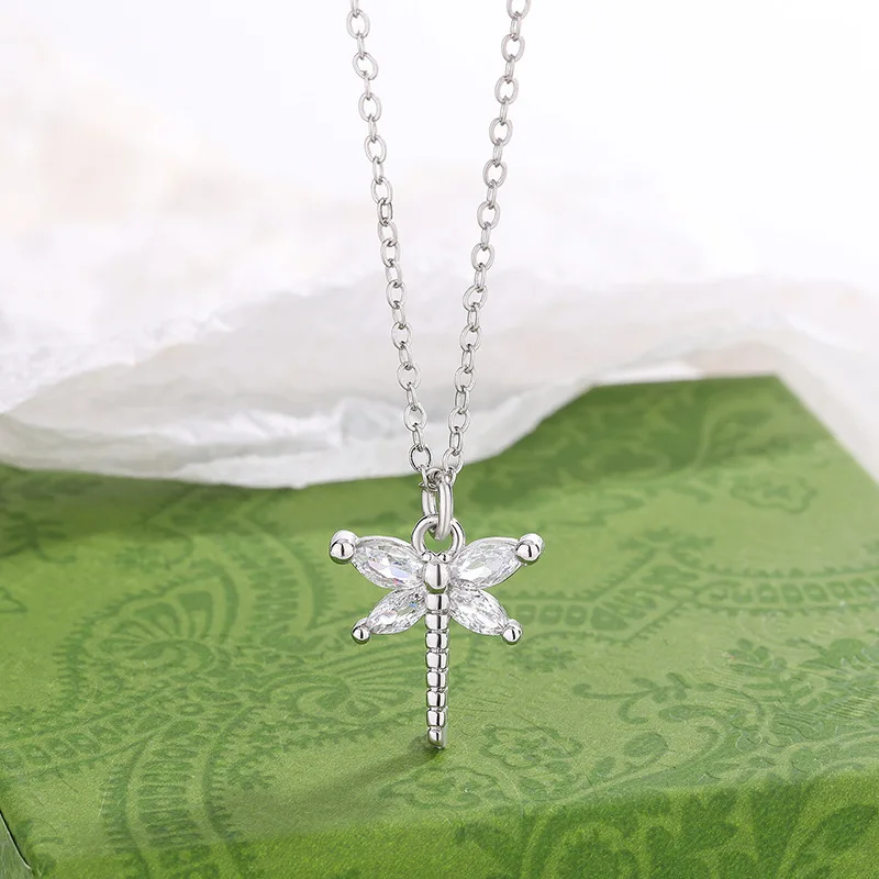 

Fashion Personality Cute Diamond Inlaid Dragonfly 925 Sterling Silver Temperament Pendant Necklaces XL066