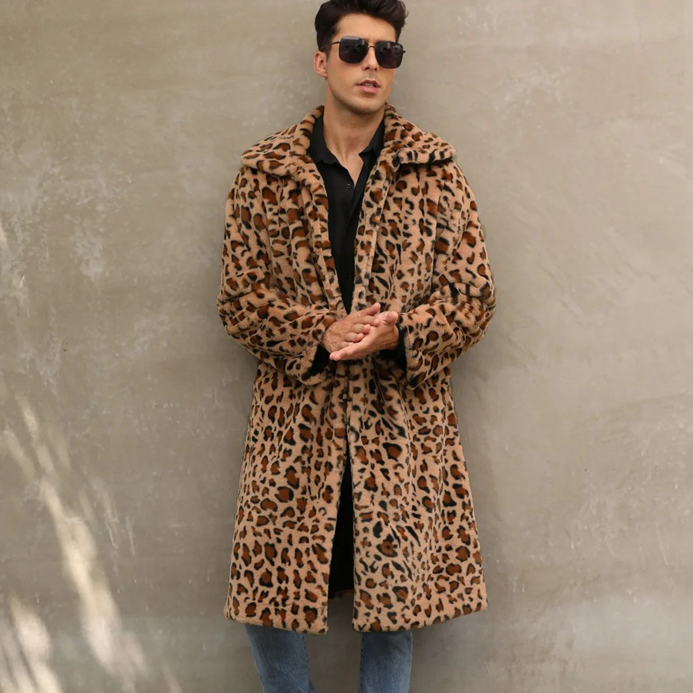 Men Faux Fur Jacket Leopard Coat Winter Thick Long Sleeve Warm Shaggy Outerwear Luxury Fur Long Jacket Bontjas Jackets Mens