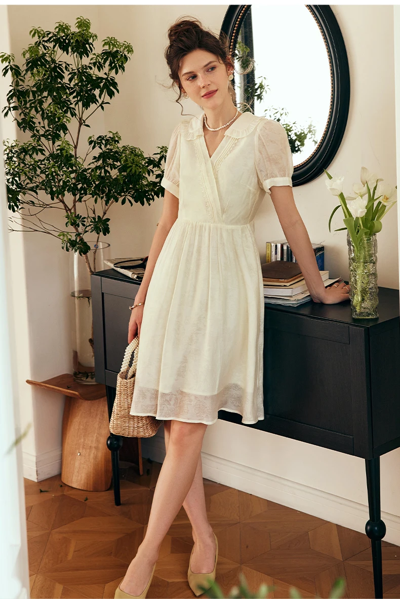 

OLrain French Doll Neck Mesh Dress For Women 2025 Summer A-Line Puff Sleeve Folds Sweet Elegant Dress Youth Dresses O23XL80910