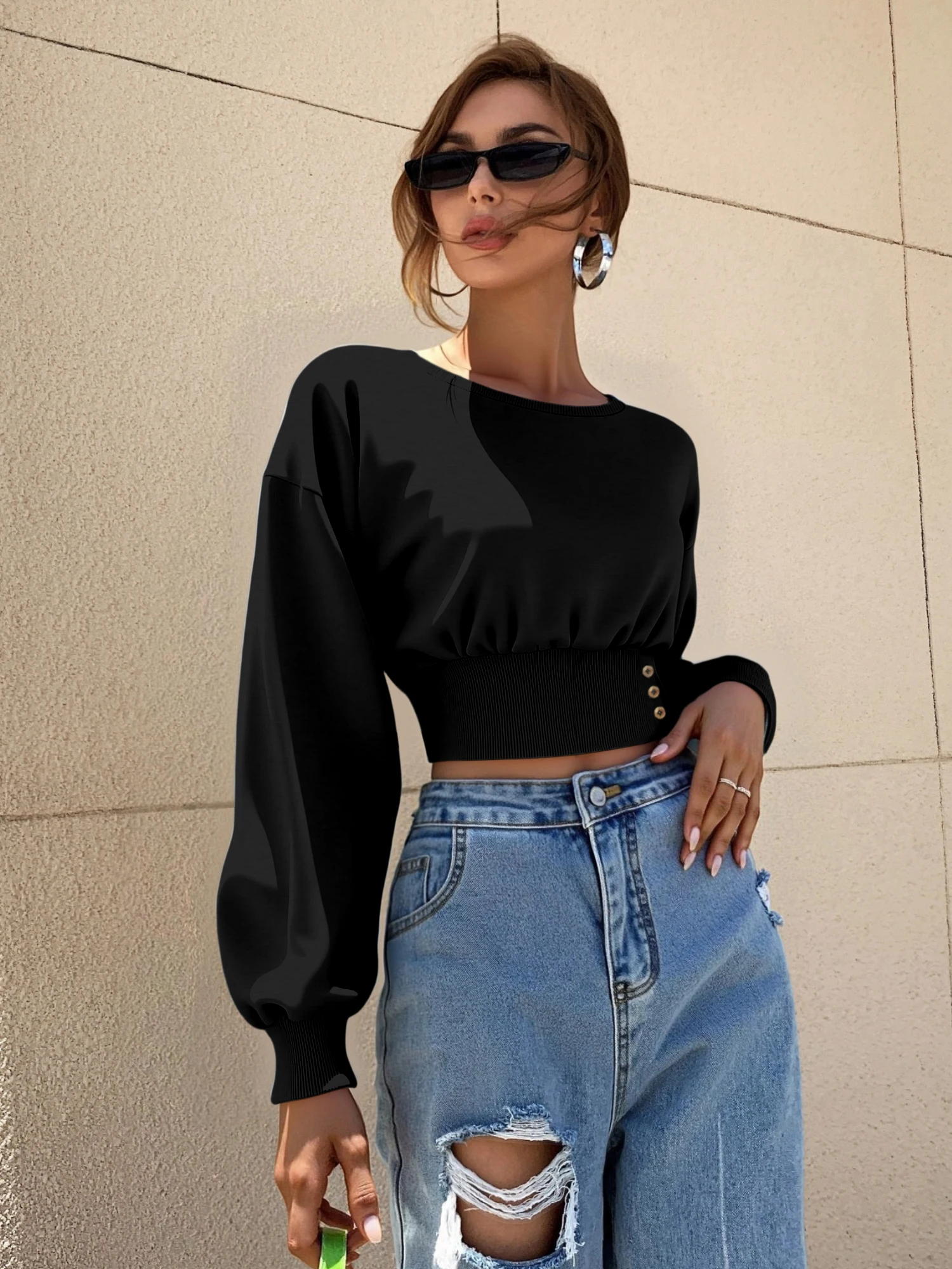 Chic Women Cropped Sweatshirt O Neck Long Sleeve Ribbed Cuff Side Button Decor Slimming Waist Casual Tops