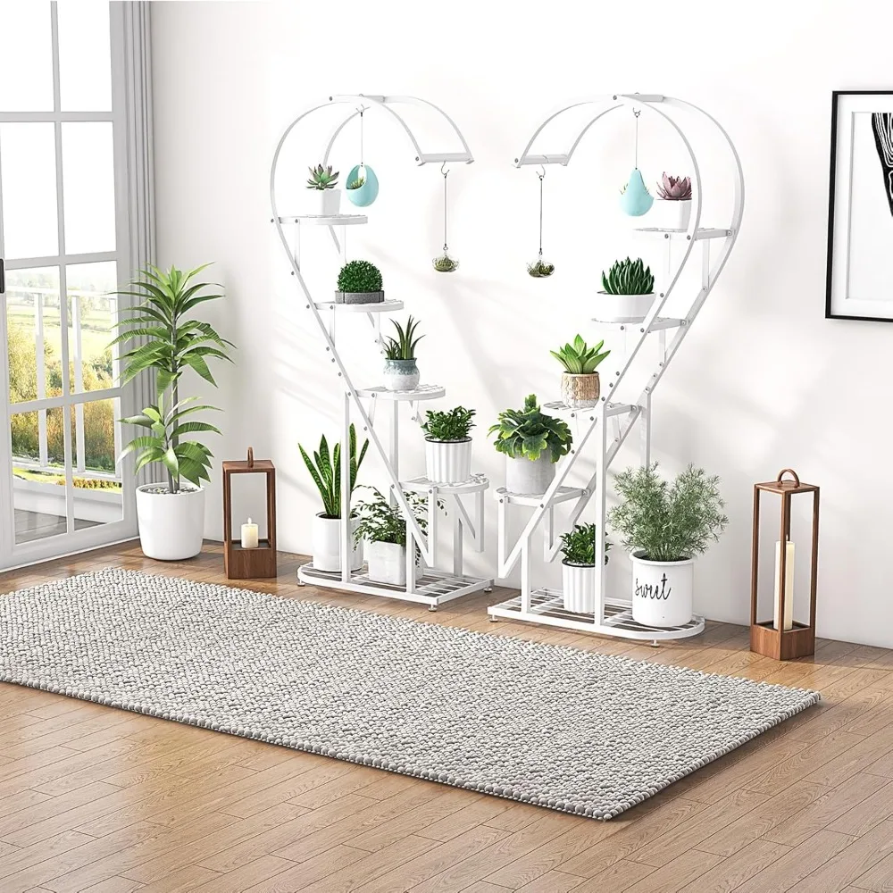 

Metal Plant Stand,Heart-Shape Ladder Plant Shelves Hooks,Metal Frame,Indoor Multiple Potted Plant Holder,Tall Flowerpot Display