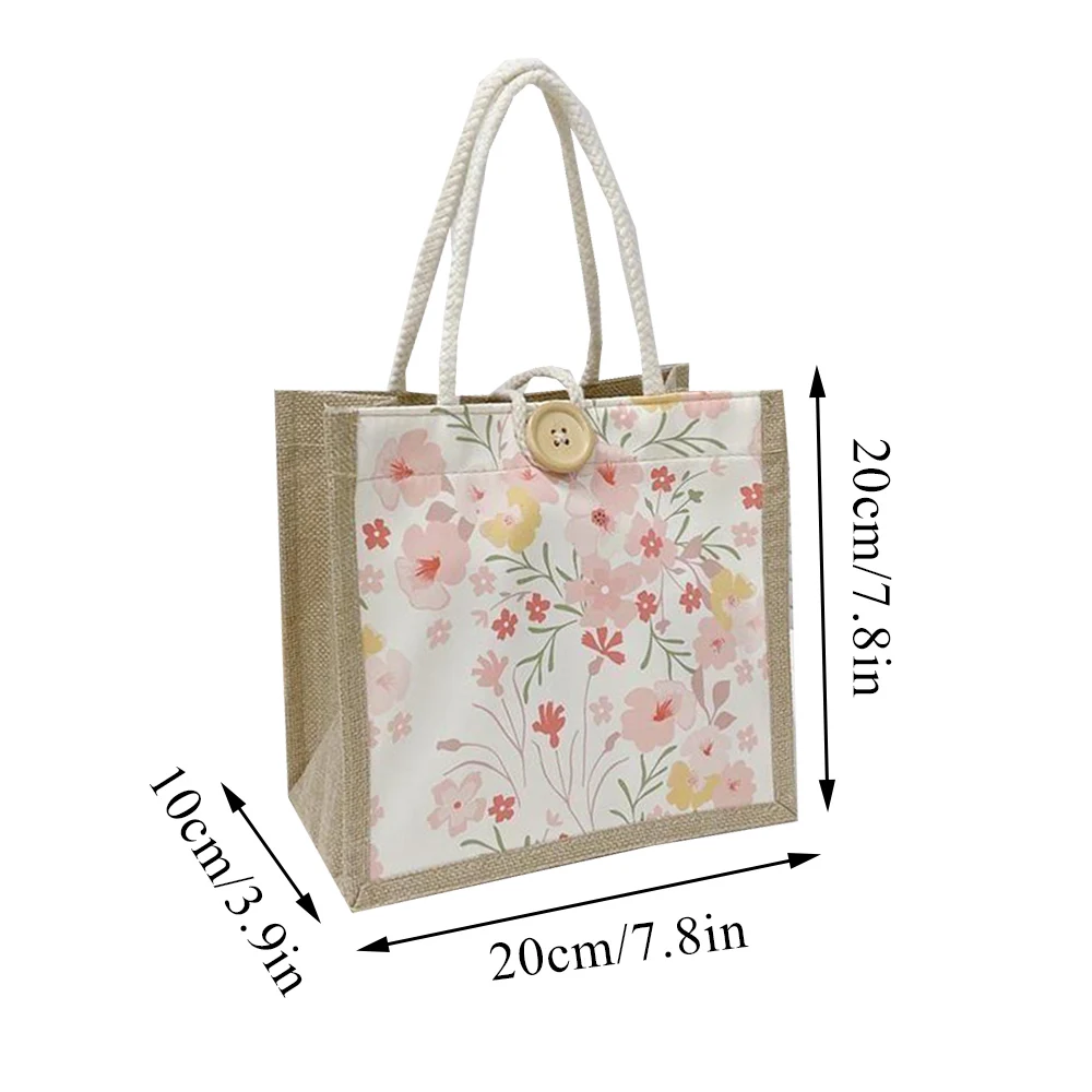 Bolso de mano de arpillera con estampado de flores para mujer, bolsa de lino con asa superior ecológica portátil, ideal para la playa y el verano