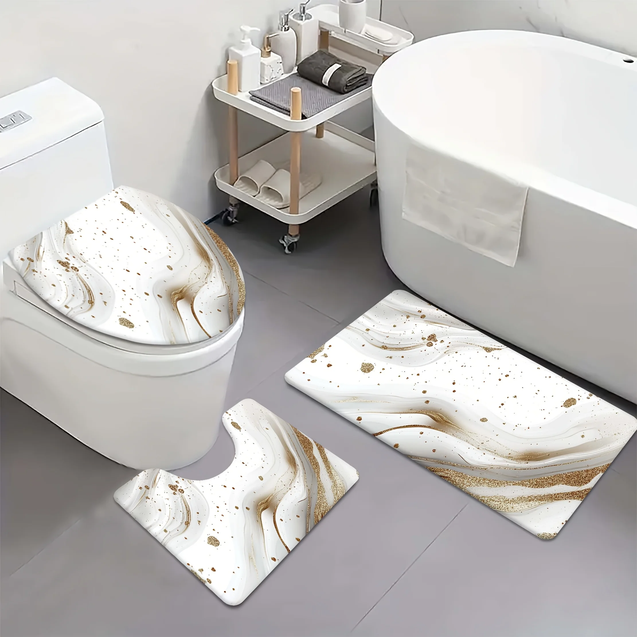 

Набор для ванной комнаты из трех частей, включая плюшевый коврик для унитаза, коврик для ног с краями ванны, впитывающий коврик с принтом и нескользящий коврик для ванной комнаты.
