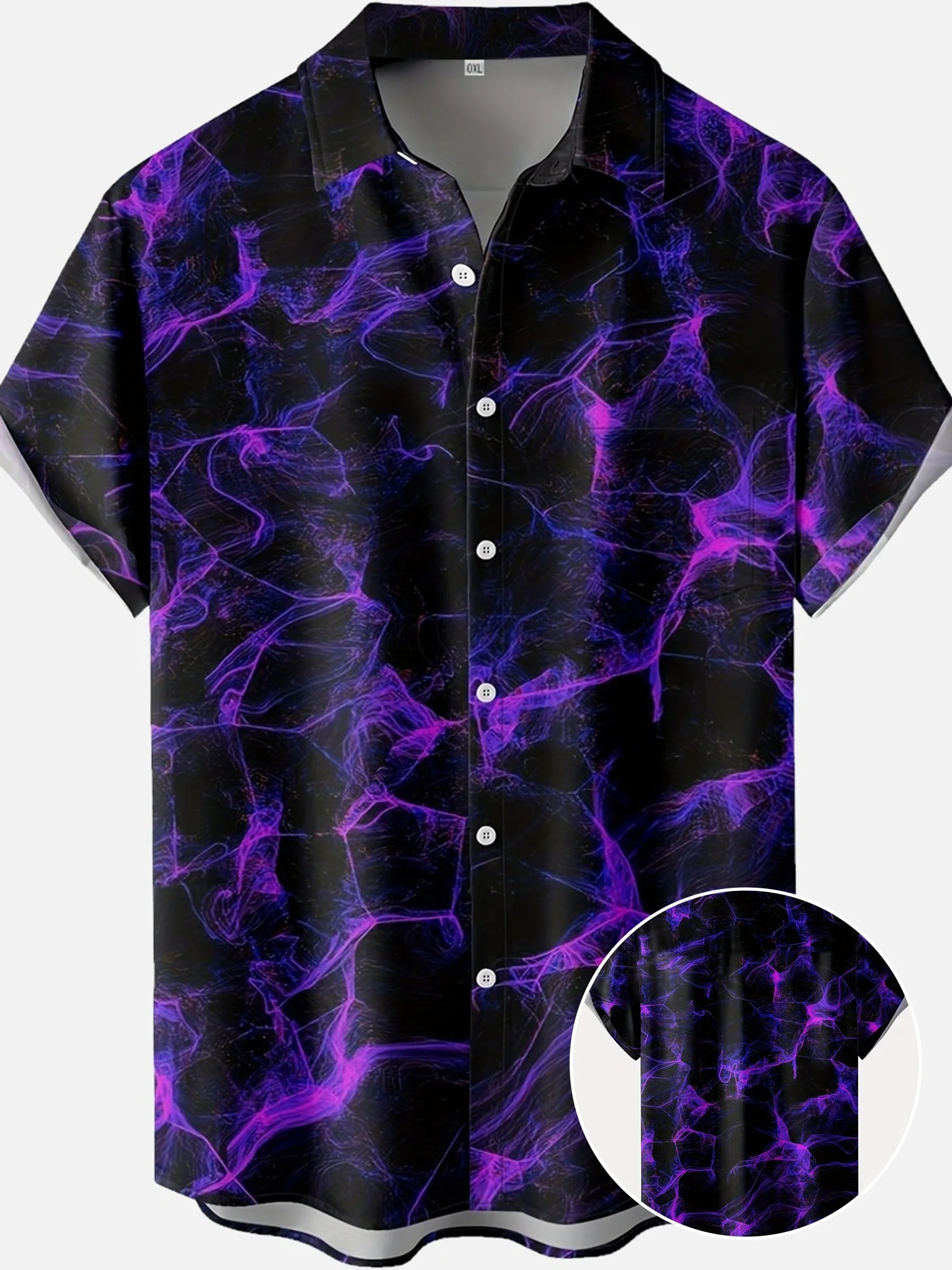 Men Short Sleeve Button Down Shirt Black Purple Lightning Marble Print Polyester Casual Party Blouse