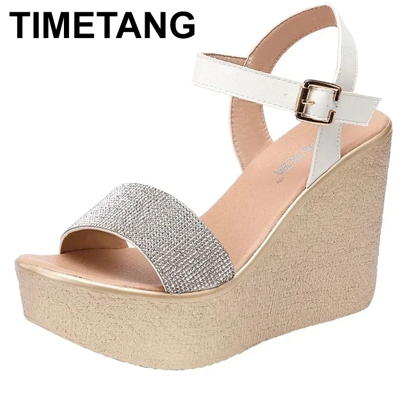 

2025 11CM Women Summer Peep Toe Wedges Sandal Platform Shoe Muffin Bottom Sexy Buckle Plus Size Ladies Rhinestone Dress Sandal