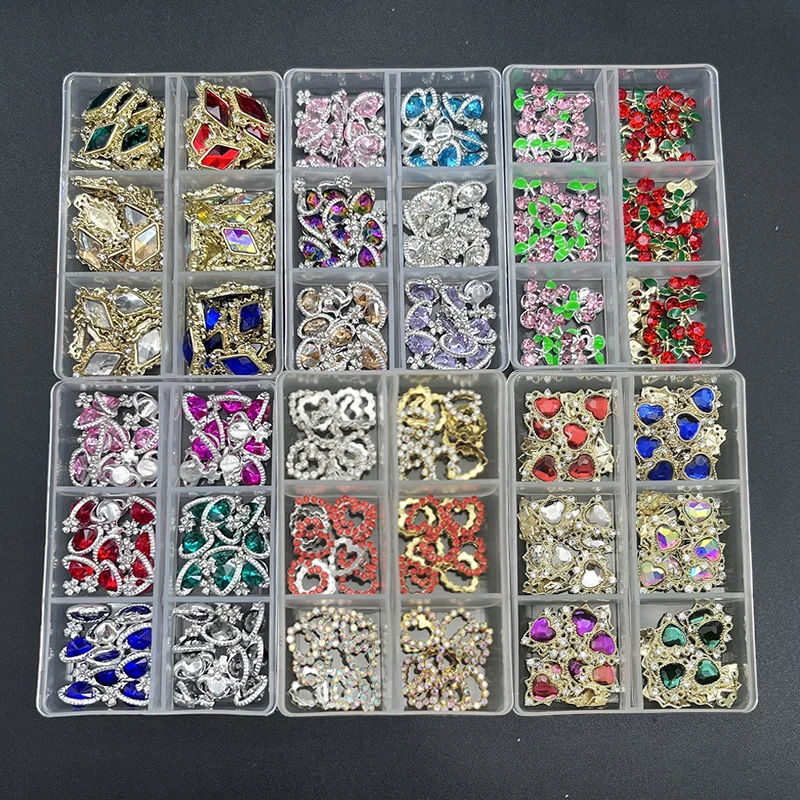 5 Boxes Nail Art Rhinestones Gems Decorations Luxury Metal Alloy Heart Planet Nail Charms Crystal Glass Diamonds For DIY Nail Ar