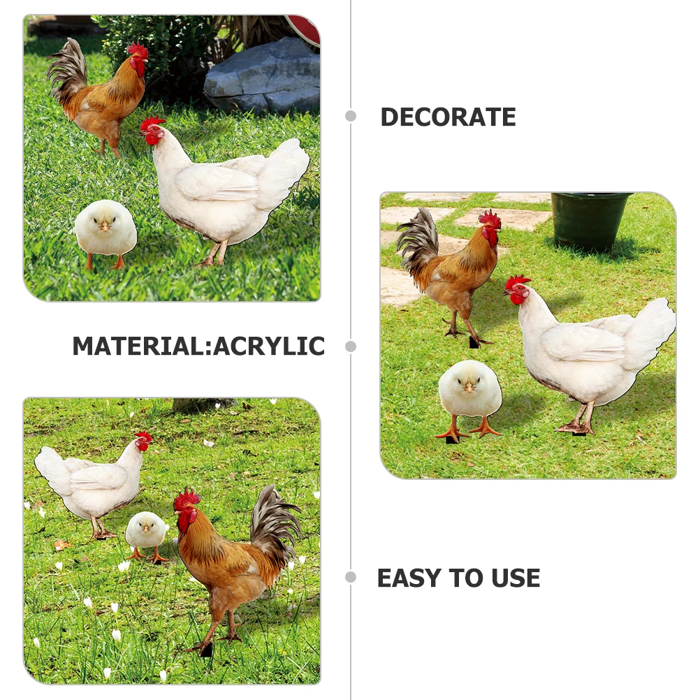 

3pcs Rooster Hen Chick Decoration Garden Chicken Stake Durable Acrylic Outdoor Yard Ornament Simulation Animal for Housewarming
