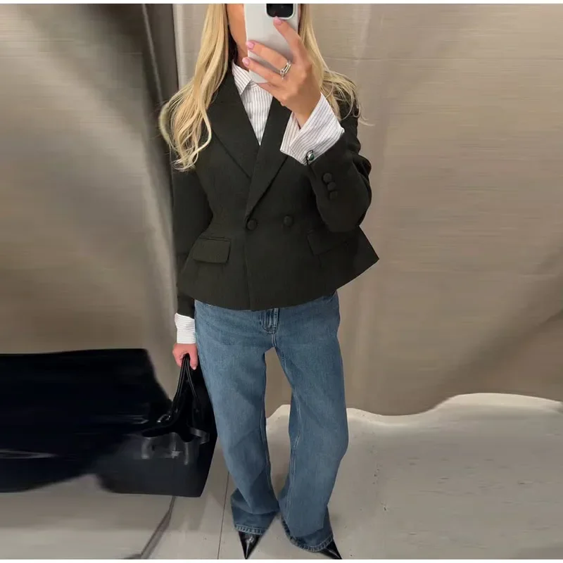 Damenmäntel mit Revers, tailliert, kurze Anzugjacke, Frühling Herbst, Büro-Damen, langärmelig, einfarbig, schmaler Schnitt, schicke neue Oberbekleidung – Detail 2