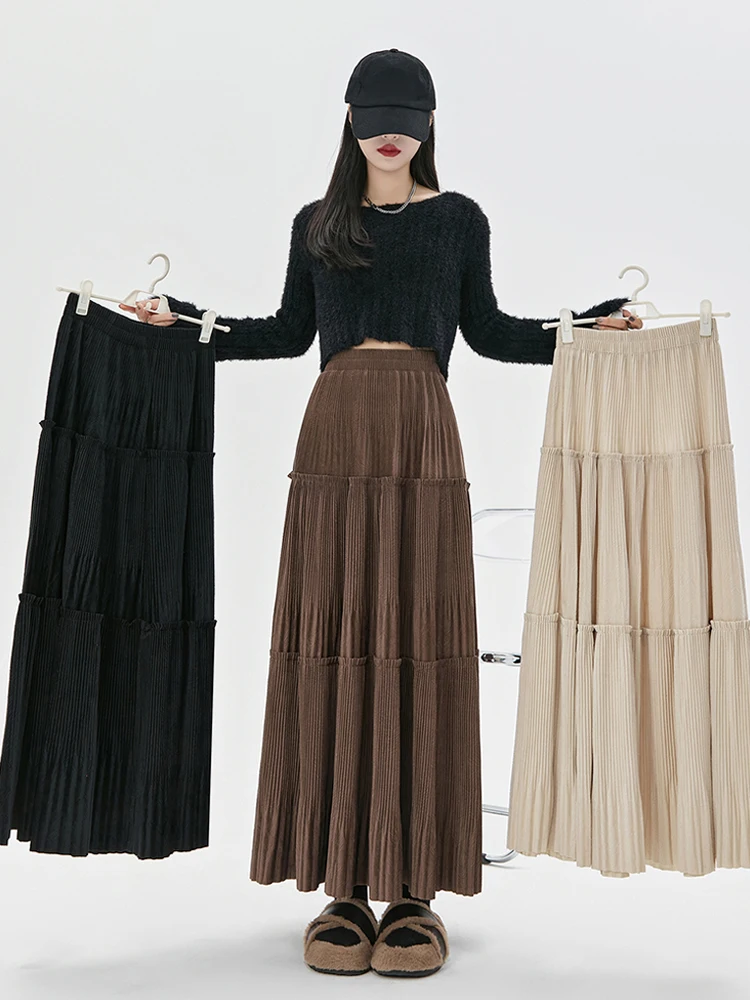 2024 Women Elastic Waist Velvet Half Length Dress Autumn Winter Advanced Sense Casual Versatile Appear Thin A-Line Pleated Skirt