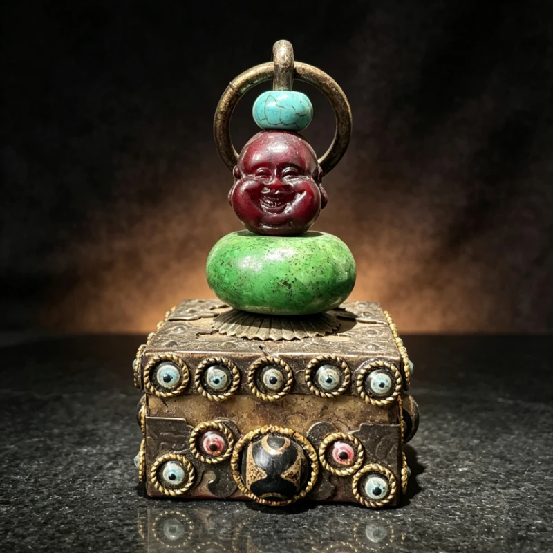 Antique Tibetan Bla Iron Meteorite Inlaid with Multi-treasure Heavenly Bead Hand-held Decorative Piece Maitreya Seal
