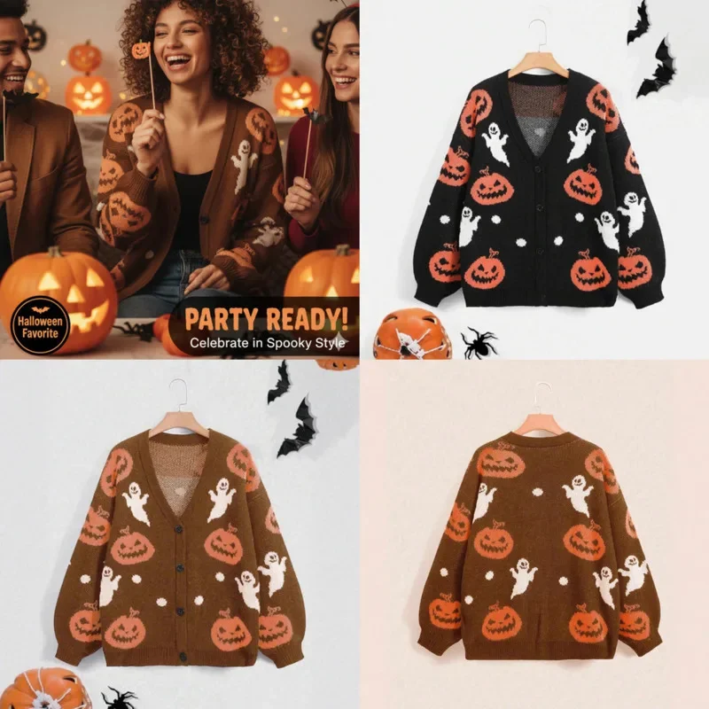

Жаккардовый кардиган с призраком на Хэллоуин и тыквой, женский топ в евро-американском стиле с v-образным вырезом, свободный вязаный свитер на пуговицах, пальто, топ на Рождество, новинка