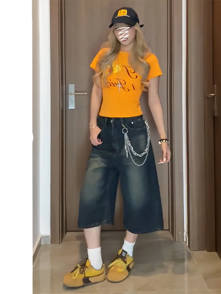 

Retro High Waist Wide Leg Jeans Women's Summer Denim Shorts Casual Straight Cut Seven-Five-Length Trendy Cotton Blend