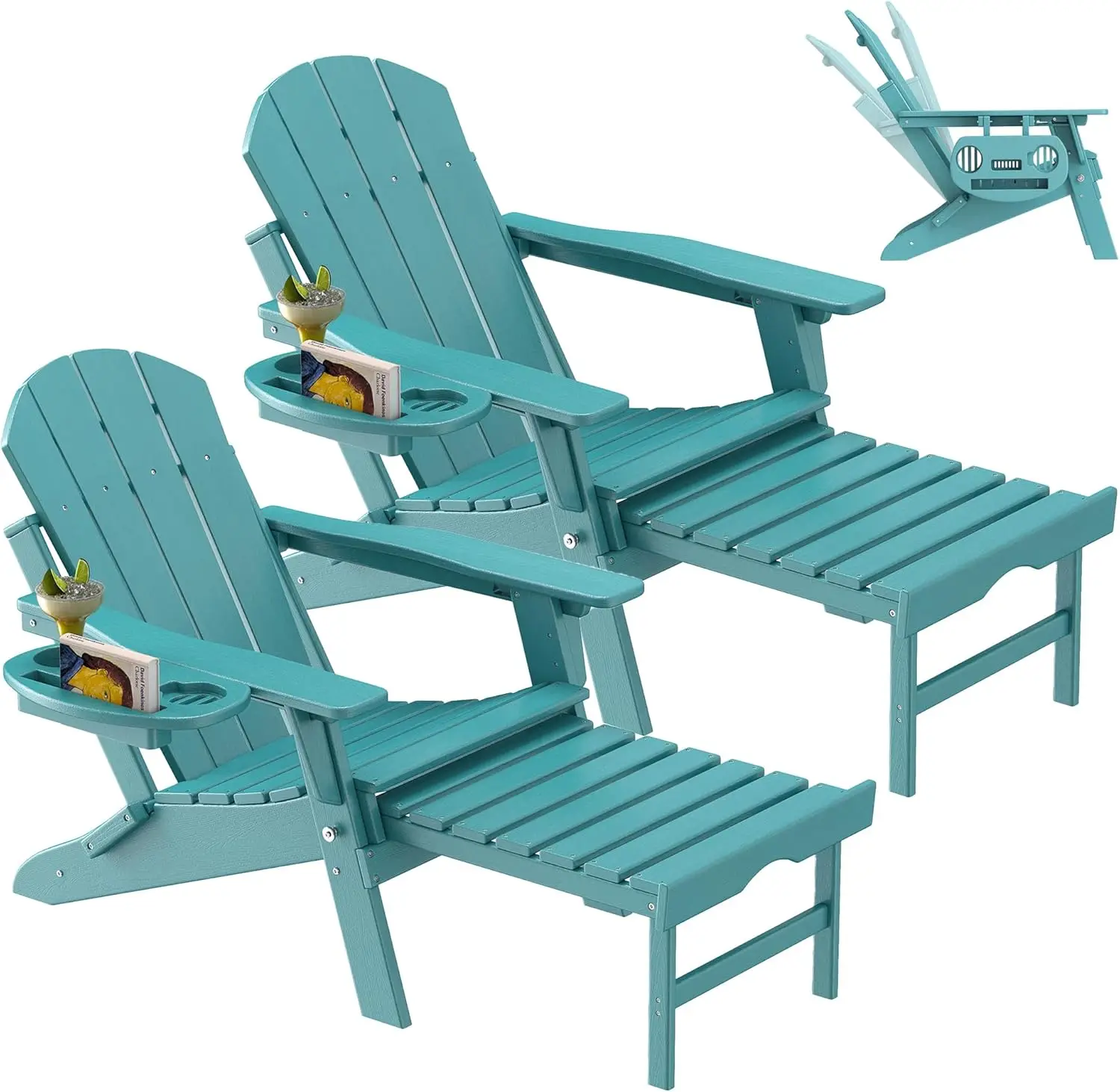 Adjustable Adirondack Chair with Retractable Ottoman Set of 2, HDPE Folding Adirondack Chair with Cup Holder