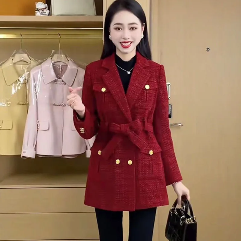 

Chic Casual Blazer Woolen Jacket Women's Outwear Autumn Winter New Slim Warm Belt Mid-Length Double-Breasted Buckle Wool Coat