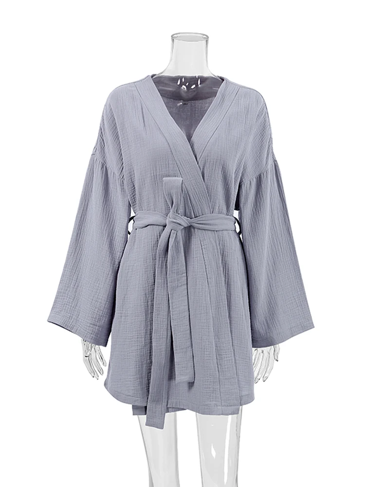 NHKDSASA Light Robes For Coverage Long Sleeve Cotton Robe With Sashes Grey Dresses Bathrobe Female Dressing Weeding Gown