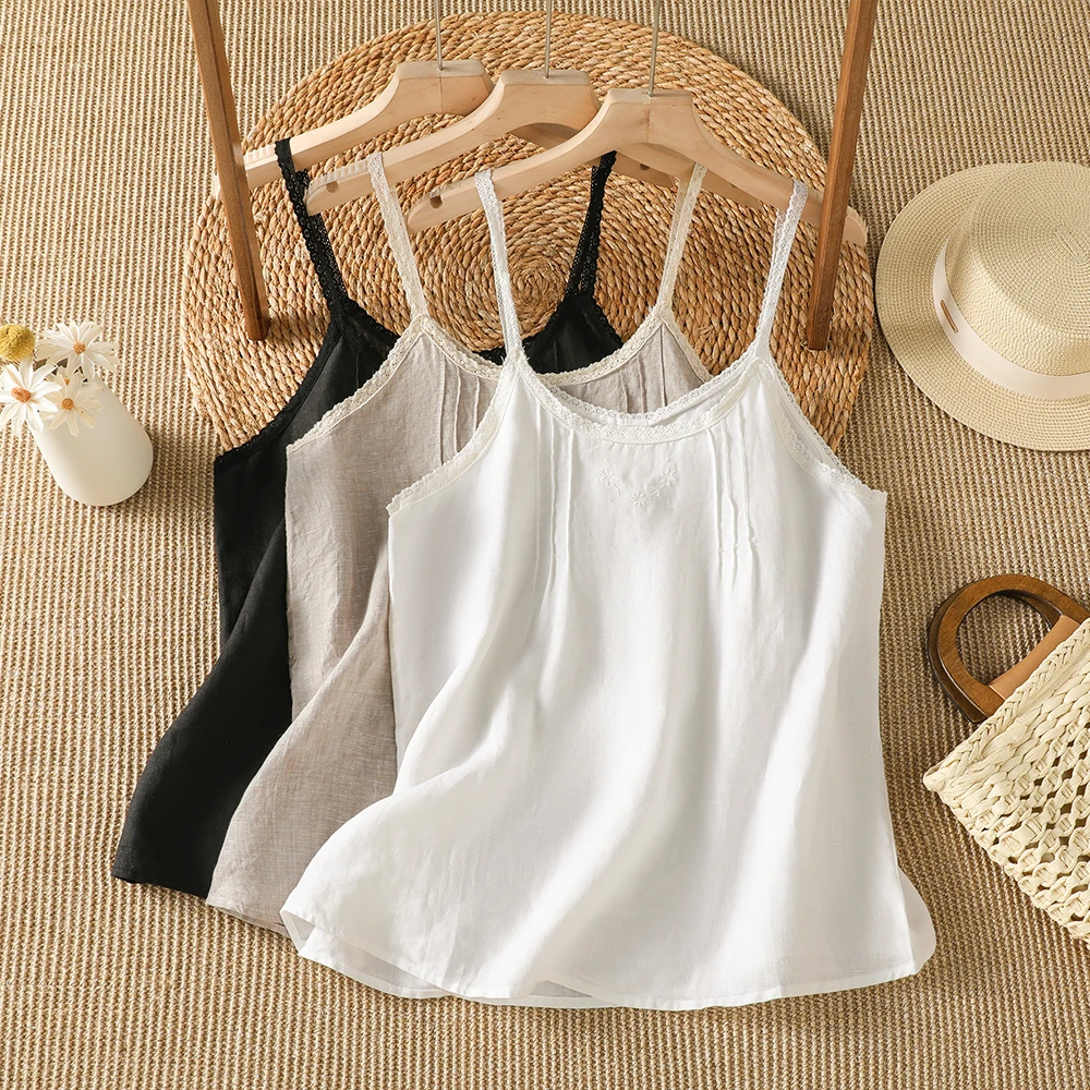 Camisola de Lino y Algodón para Mujer con Ribete de Encaje, Top Básico Liso de Verano, Camiseta sin Mangas Bordada, Blusas Beige, Blancas y Negras