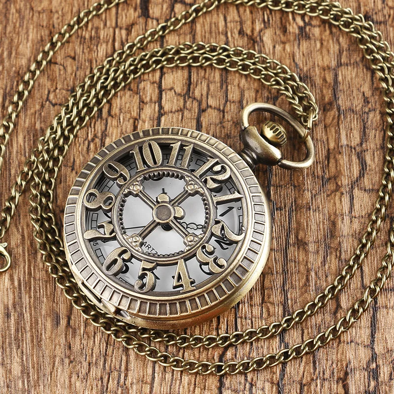 Exquisite Vintage Bronze Steampunk Pocket Watch, Carved Hollow Arabic Numerals Flip Quartz Clock, Retro Necklace Hanging Watch view 2
