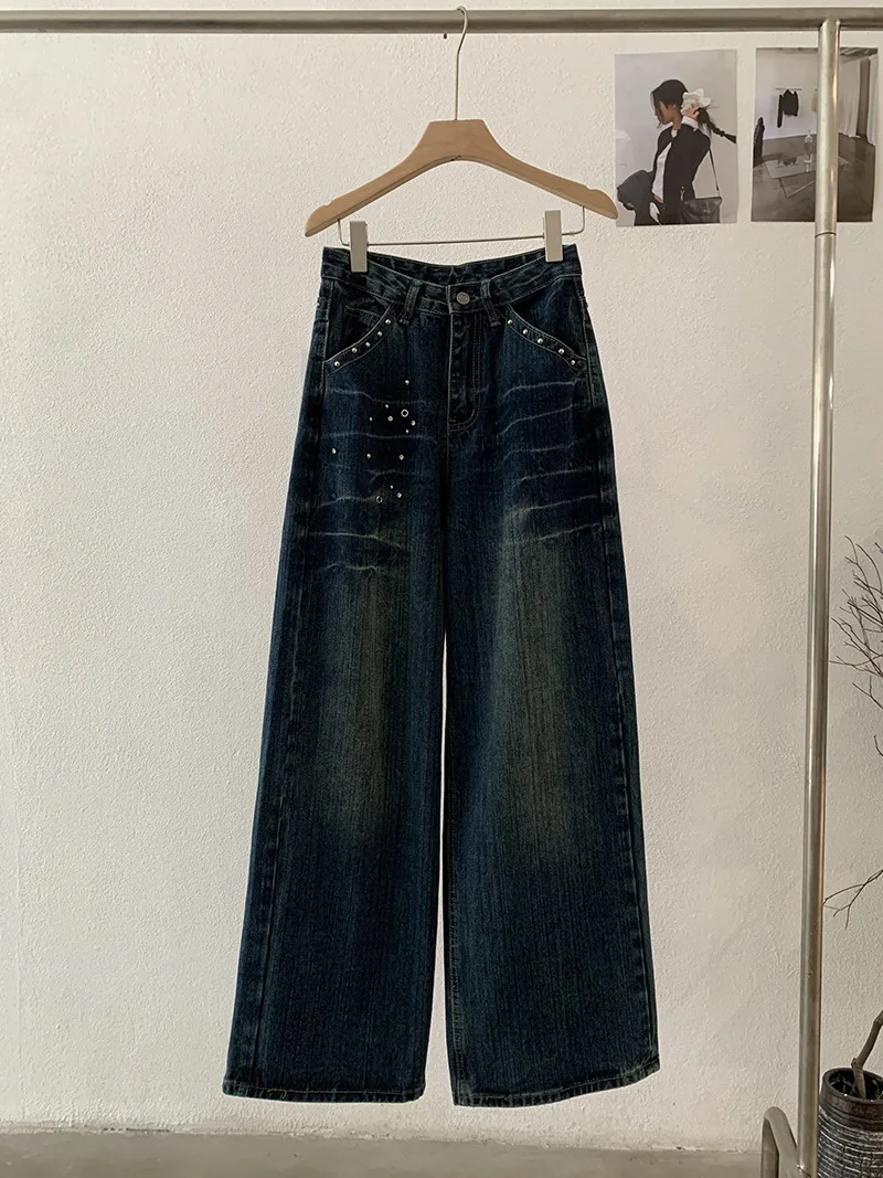 

Autumn Rivet Wide Leg Jeans For Women High Waist Washed Distress Denim Pants American Casual Fashion High Street Trousers
