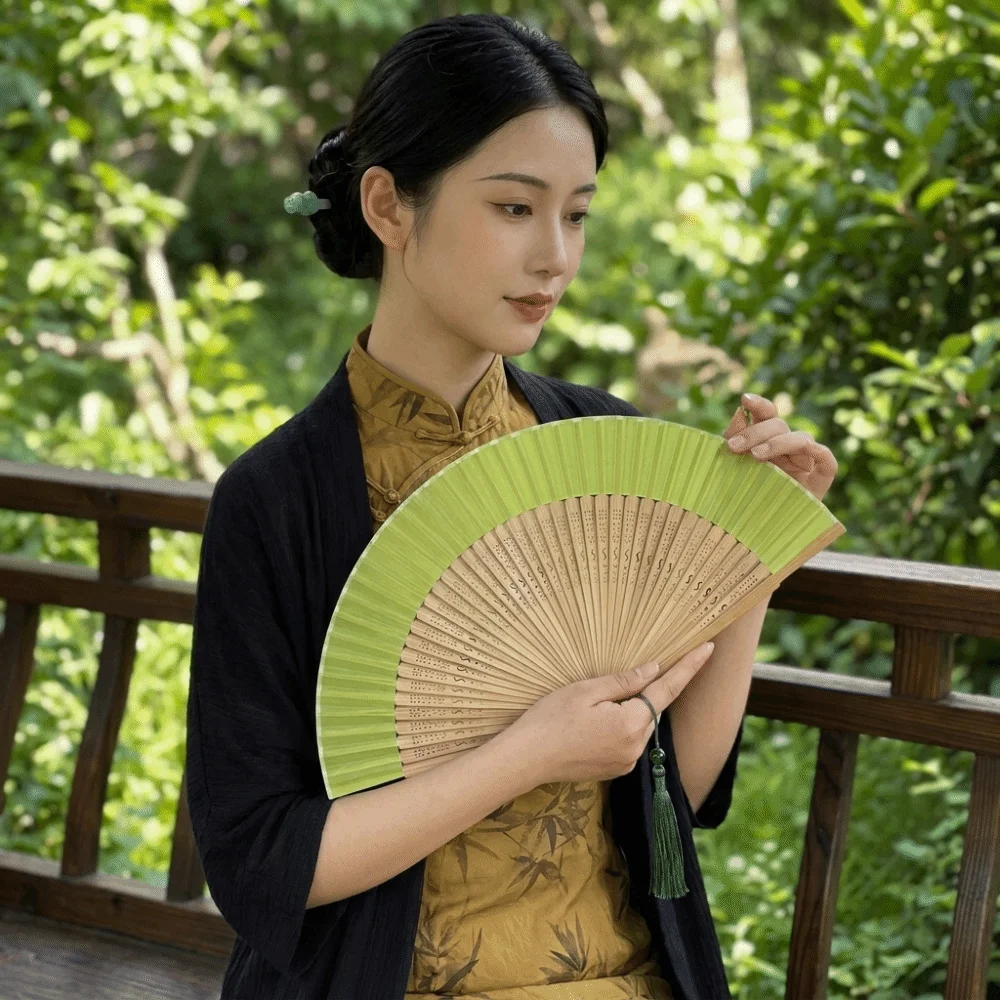 Elegent Antique Folding Hand Fan with Tassel Hollowed-out Chinese Style Fan Portable Classical Handheld Fan Dance Performance