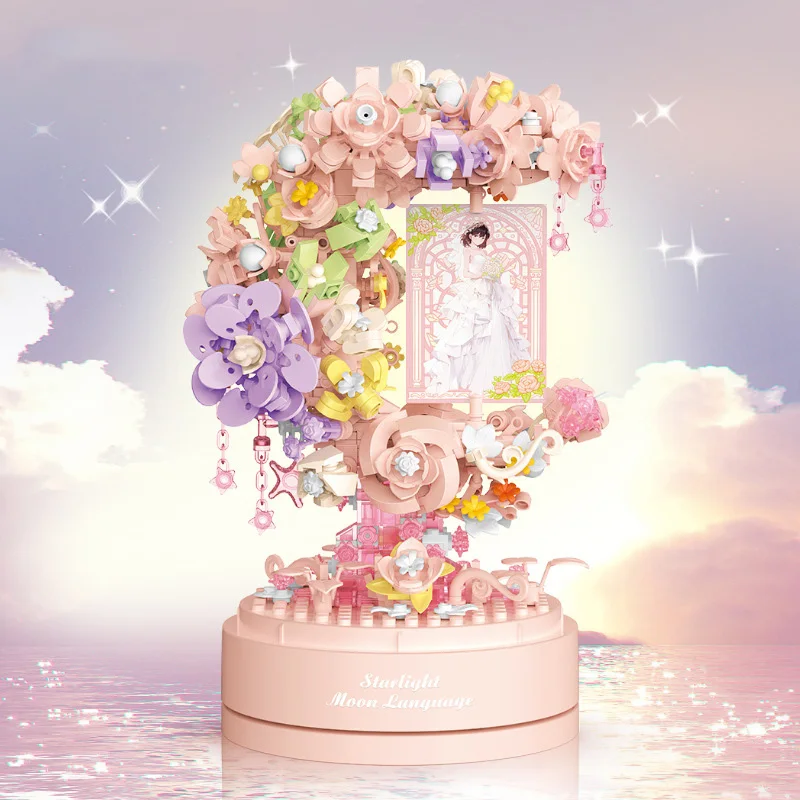 Idee Architectuur Rose Bouwsteen Sterrenlicht BLOEM Maan Muziekdoos Bakstenen Constructiespeelgoed Met Licht Voor Meisjes Geschenken
